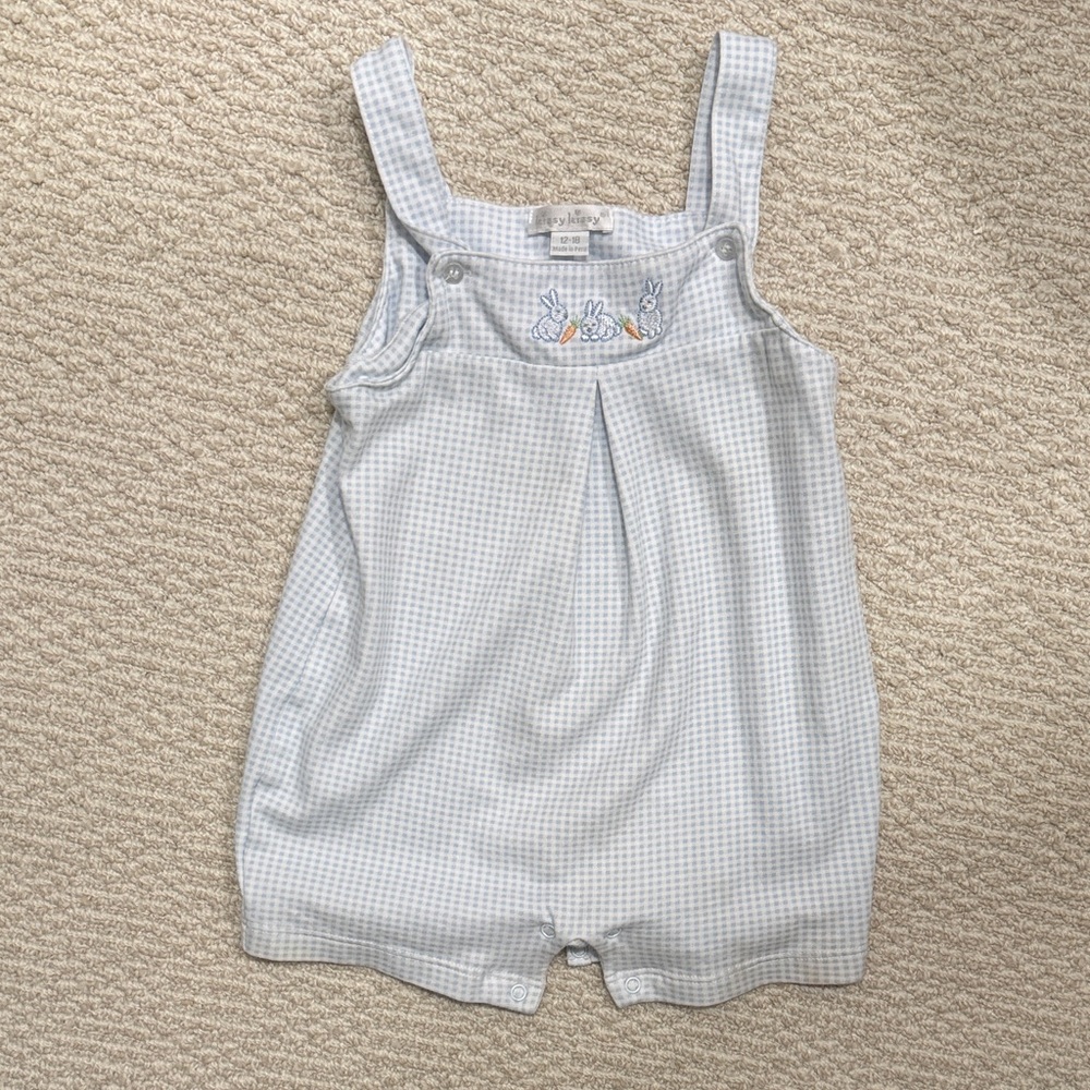 Kissy Kissy Light Blue Gingham Romper with Bunny Embroidery- Easter